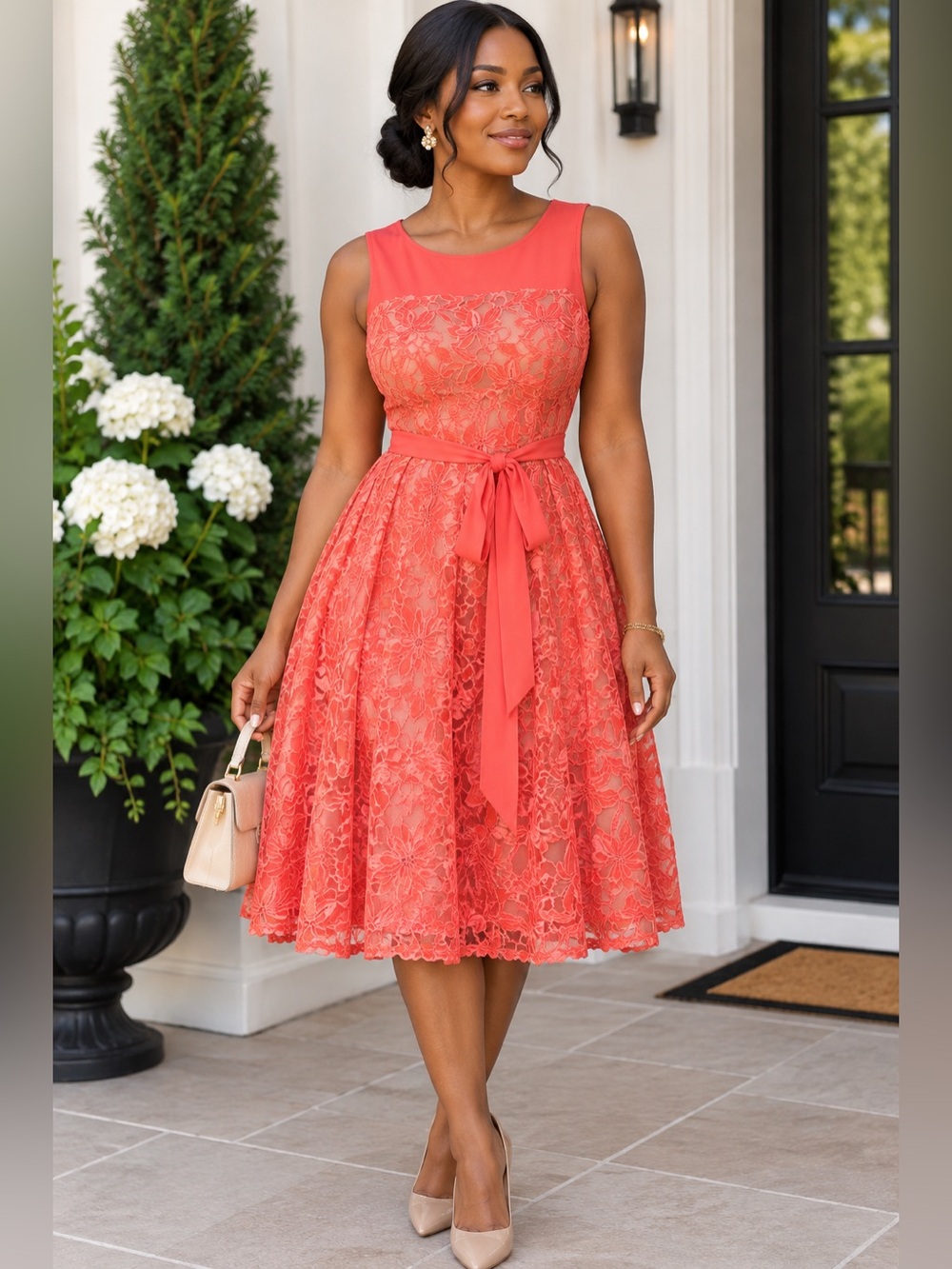 Taylor Coral Lace Midi Dress with belt